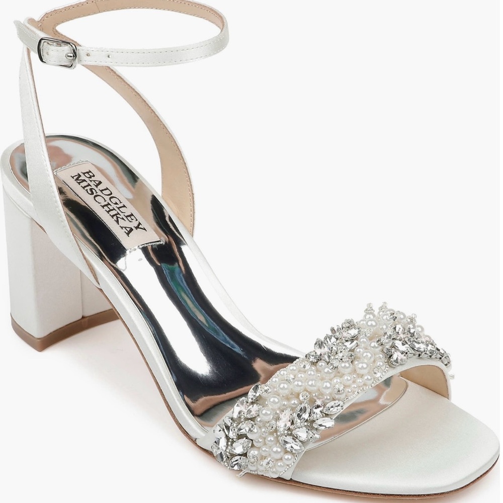 Badgley Mischka White Pearl & Silver Embellished Block Heel Sandals